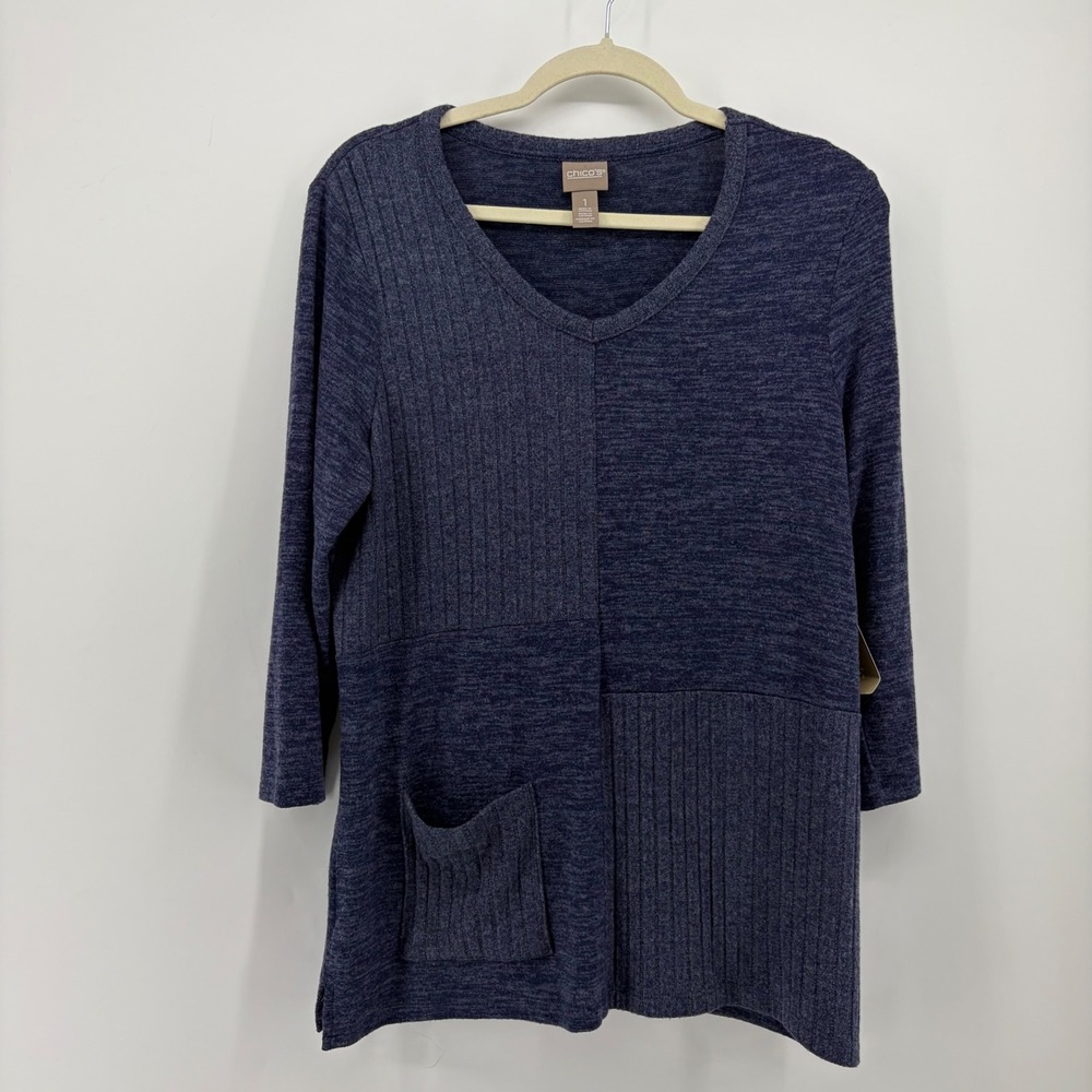 Chicos Womens Size 1 (M) Blue CoziSoft Spliced Pocket Tunic 3/4 Sleeve Knit Top